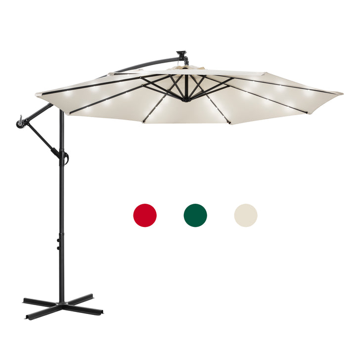 Solar Umbrellas 10ft Offset Hanging Patio Umbrella Outdoor Market Cantilever Umbrella with 24 LED Lights / Easy Tilt Adjustment, Polyester Shade, 8 Ribs for Backyard, Poolside, Lawn and Garden…