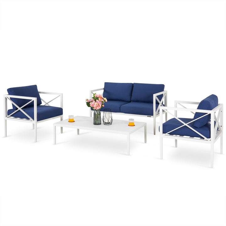 4 Pieces Outdoor Conversation Set Aluminum Sofa Set with Blue Removeble Cushion