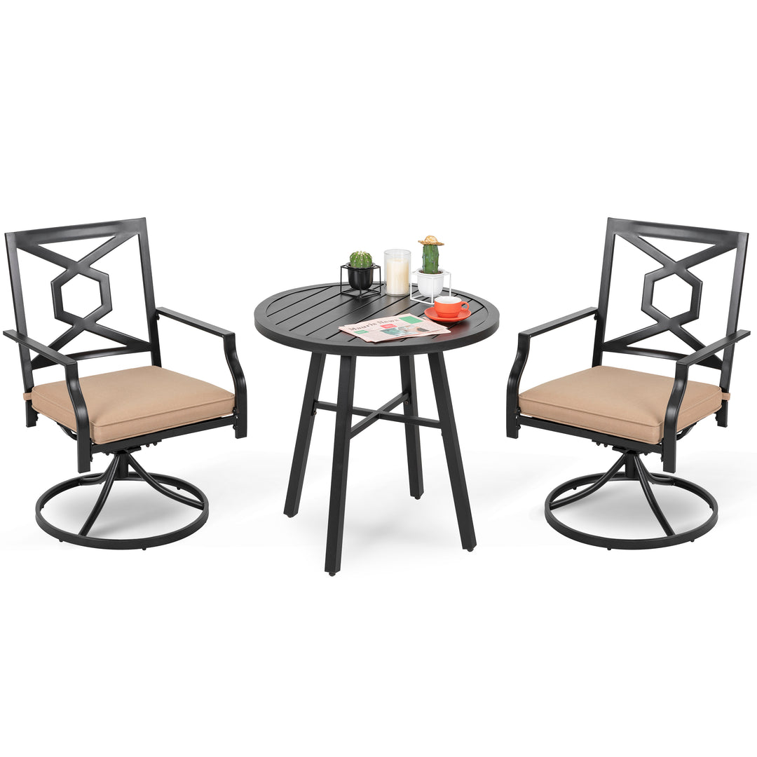 3 Pieces Swivel Patio Chairs Set, 360 Degree Rotation Metal Patio Bistro Set with Coffee Tea Table, Outdoor Rocker Chair with Cushions for Garden, Backyard, Bistro