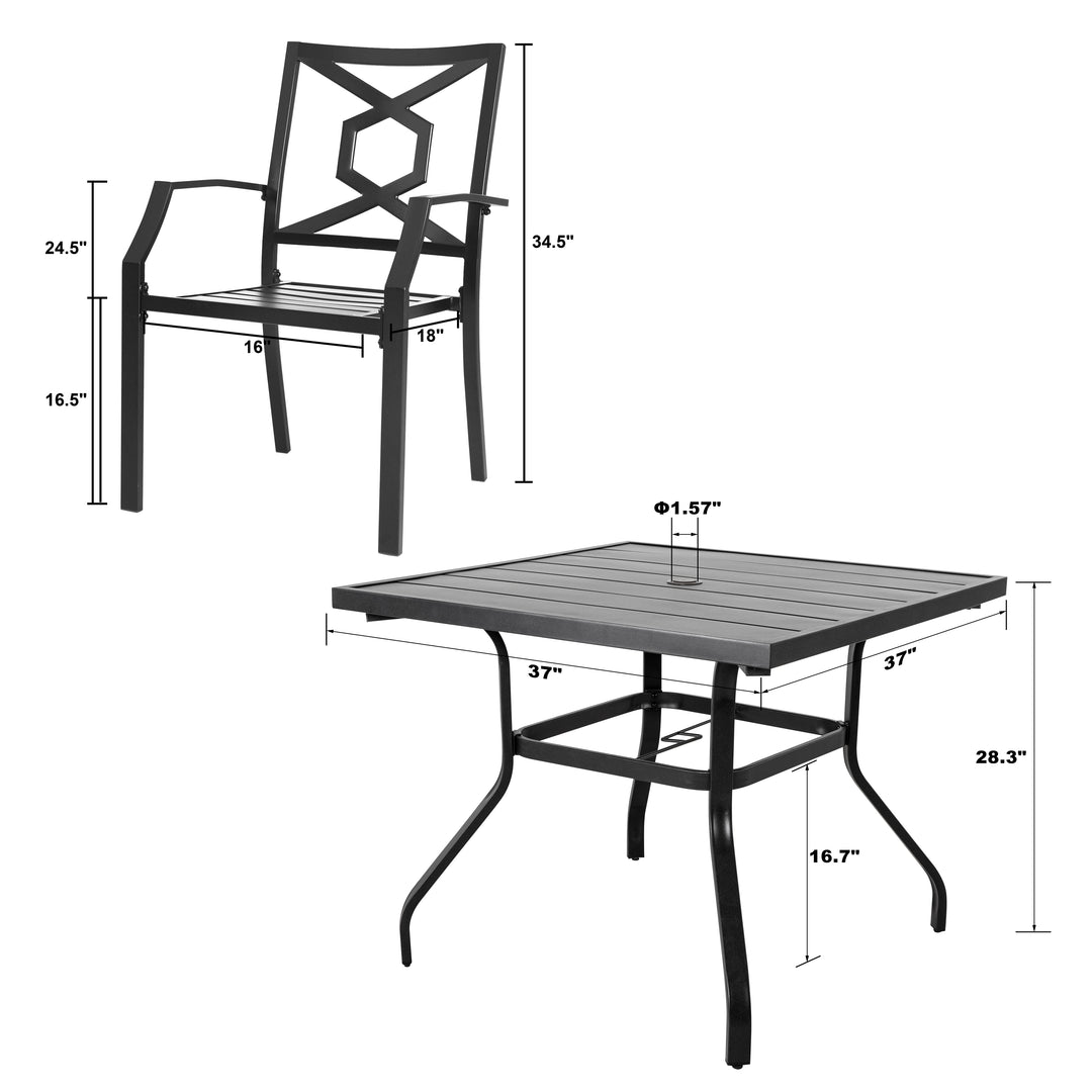 5 Piece Metal Patio Dining Set Wrought Iron Patio Furniture, 4 Stackable Patio Chairs and Square Patio Dining Table with 1.57 Inch Umbrella Hole for Lawn, Backyard, Balcony, Black