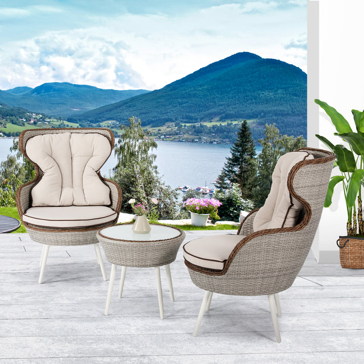 3 Pieces Patio Conversation Set, Iron and Rattan Chairs and Coffee Table with Glass Tabletop for Balcony, Garden